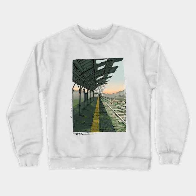 Vintage train station with steam locomotive Crewneck Sweatshirt by Modern Medieval Design